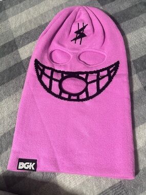 DGK Pink Knit Face Mask Beanie with Black Grin Graphic